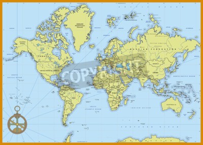 Fotobehang Wereldkaart met kompas