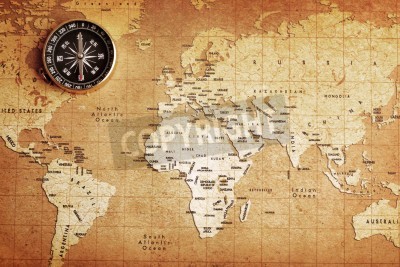 Fotobehang Wereldkaart met kompas bovenaan