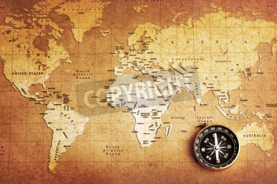 Fotobehang Wereldkaart met kompas onderaan