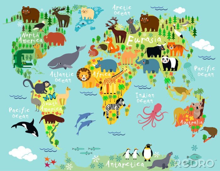 Fotobehang Wereldkaart met namen van oceanen