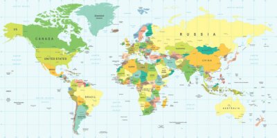 Fotobehang Wereldkaart met parallellen en meridianen