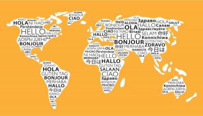 Fotobehang Wereldkaart met woorden in verschillende talen op gele achtergrond