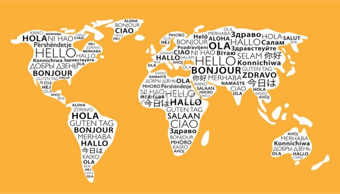Fotobehang Wereldkaart met woorden in verschillende talen op gele achtergrond