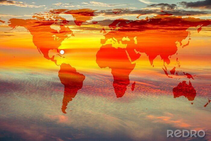 Fotobehang Wereldkaart met zonsondergang