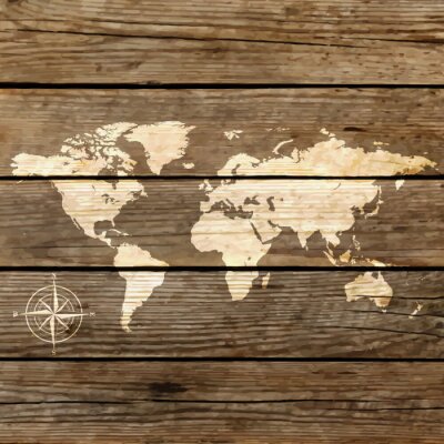 Fotobehang Wereldkaart op houten achtergrond
