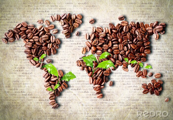 Fotobehang Wereldkaart opgesteld met koffiebonen