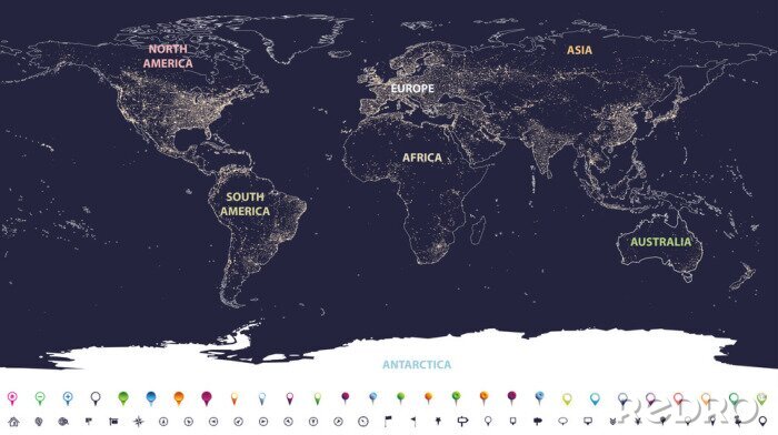 Fotobehang wereldstad lichtkaart met geëtiketteerde continenten in verschillende kleuren en locatie-iconen