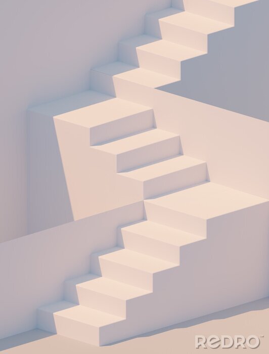Fotobehang White stairs 3d rendering. Staircase minimal background.