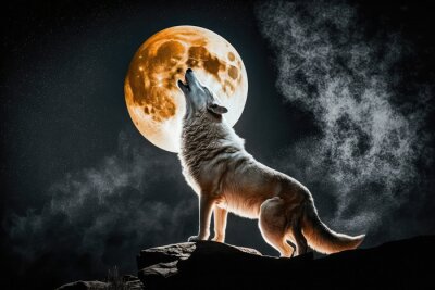 Fotobehang white wolf howling at the moon, generative AI