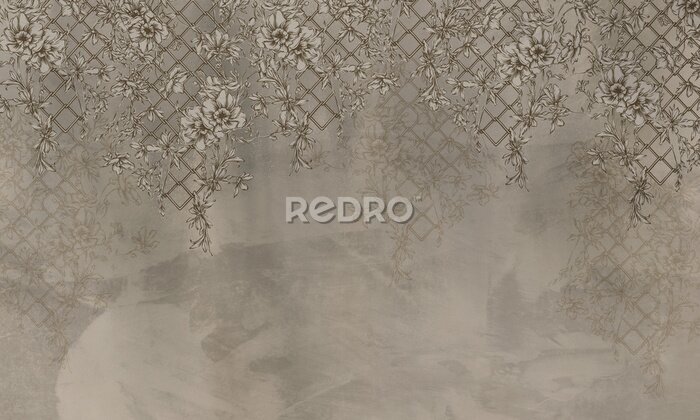 Fotobehang Wijnranken met bloemen in beige tinten