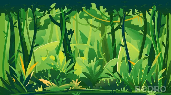 Fotobehang Wild jungle forest with trees, bushes and lianas, nature landscape with green jungle foliage and exotic plants growing on ground, horizontal banner with tropical plants on sunny day