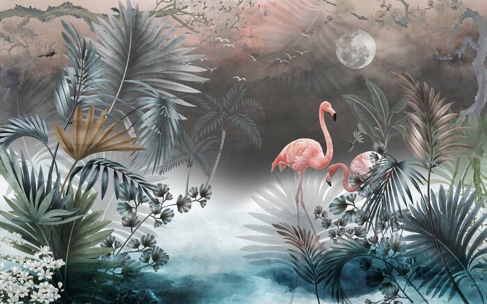 Fotobehang Wild landschap met flamingo's, de maan en het meer