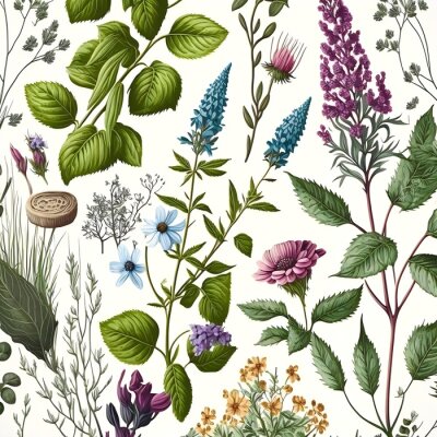 Fotobehang Wilde bloemen en kruiden op een witte achtergrond