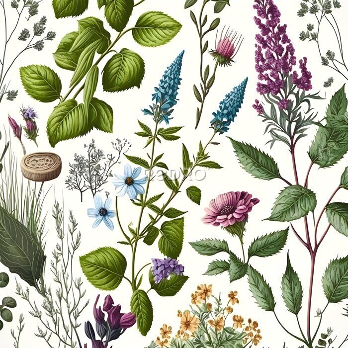 Fotobehang Wilde bloemen en kruiden op een witte achtergrond