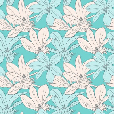 Fotobehang Wit en blauw motief met magnolia's