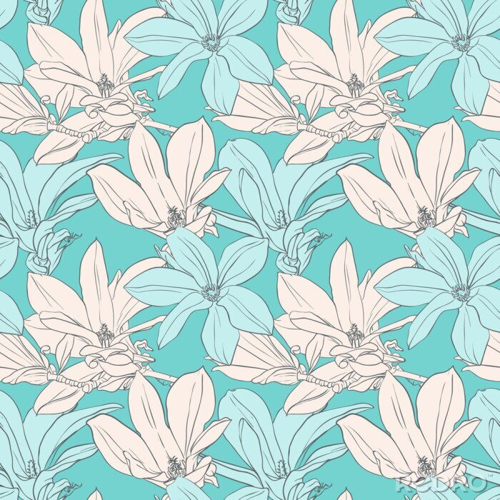 Fotobehang Wit en blauw motief met magnolia's