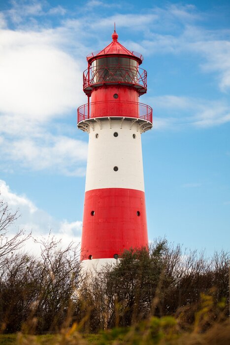 Fotobehang Wit-rode vuurtoren met ramen
