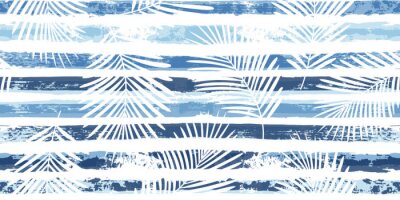 Fotobehang Witte bladeren op marineblauwe strepen