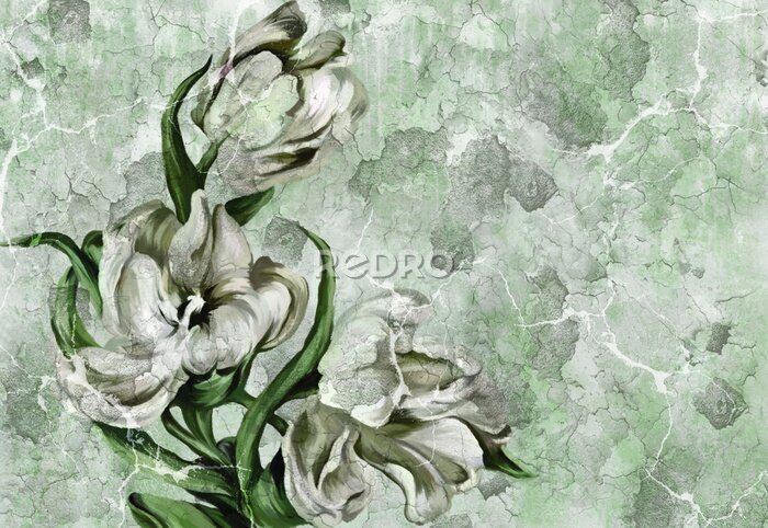Fotobehang Witte bloem op een gebarsten muur