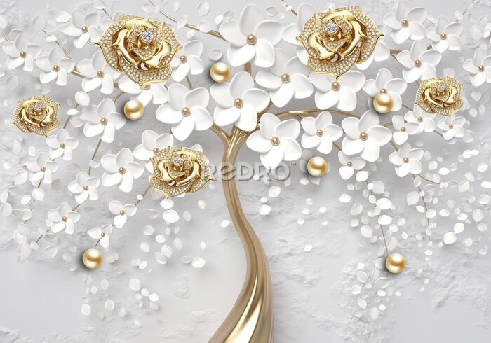 Fotobehang Witte bloemen en gouden rozen in sieradenstijl