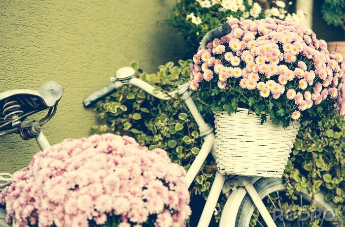 Fotobehang Witte fiets met bloemen