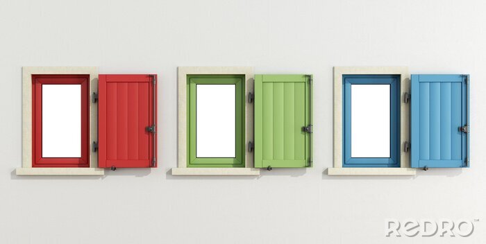 Fotobehang Witte gevel met drie kleurrijke raam