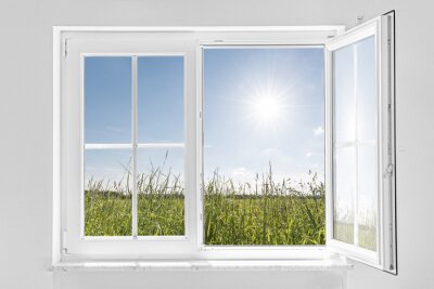 Fotobehang witte half open raam met zon