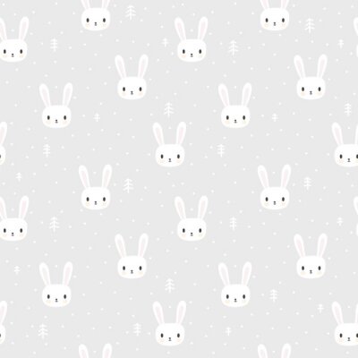 Fotobehang Witte konijntjes en bomen op een grijze achtergrond