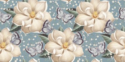 Fotobehang Witte lentebloemen en vlinders