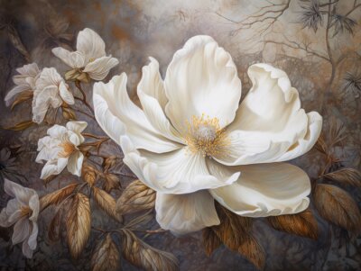 Fotobehang Witte magnoliabloesem en gouden bladeren