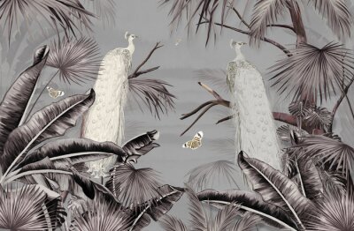 Fotobehang Witte pauwvogels tussen palmbomen in een tropisch landschap