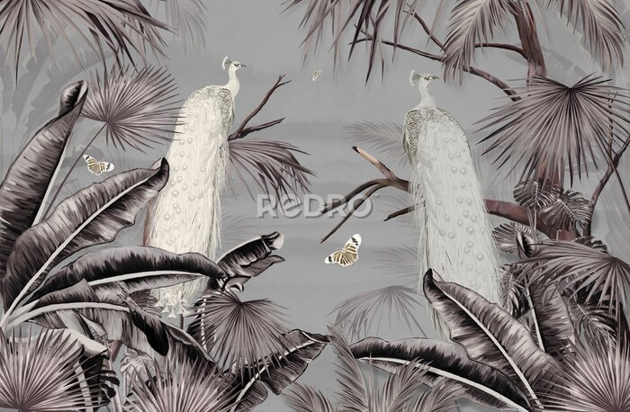 Fotobehang Witte pauwvogels tussen palmbomen in een tropisch landschap