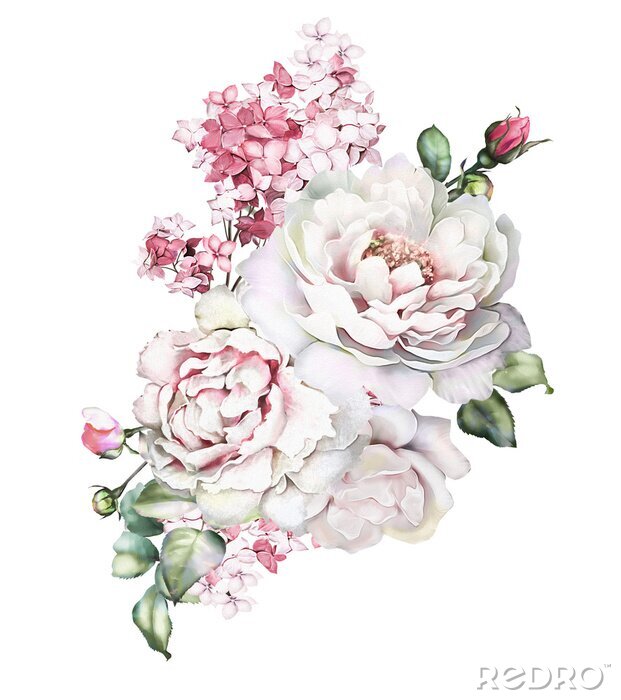 Fotobehang Witte pioenrozen en roze hortensia in een boeket