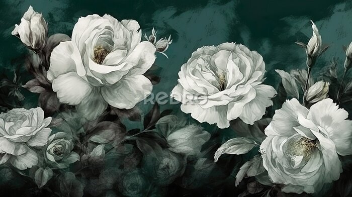Fotobehang Witte rozen op een donkergroene achtergrond