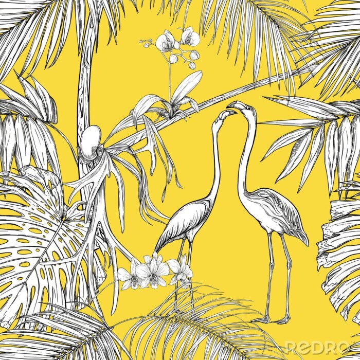 Fotobehang Witte vogels en exotische planten