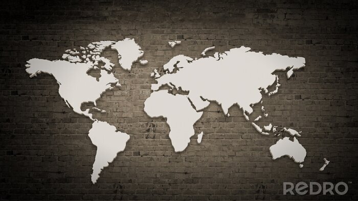 Fotobehang Witte wereldkaart op bakstenen