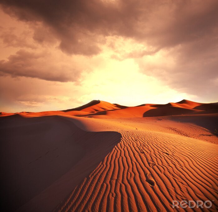 Fotobehang Woestijn en ondergaande zon