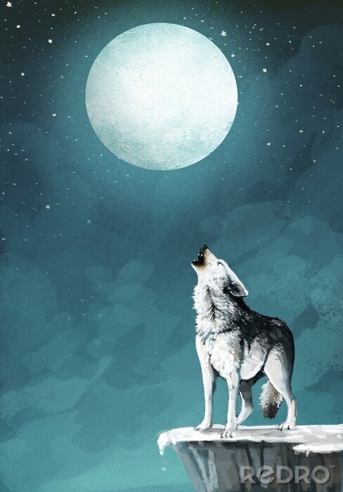 Fotobehang Wolf op een achtergrond van de nachtelijke hemel