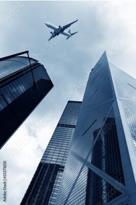 Fotobehang Wolkenkrabbers en vliegtuigen in de lucht in Hongkong