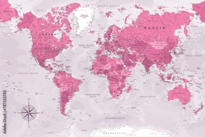 Fotobehang World Map - Highly Detailed Vector Map of the World. Ideally for the Print Posters. Rose Pink Colors. With Relief and Depth