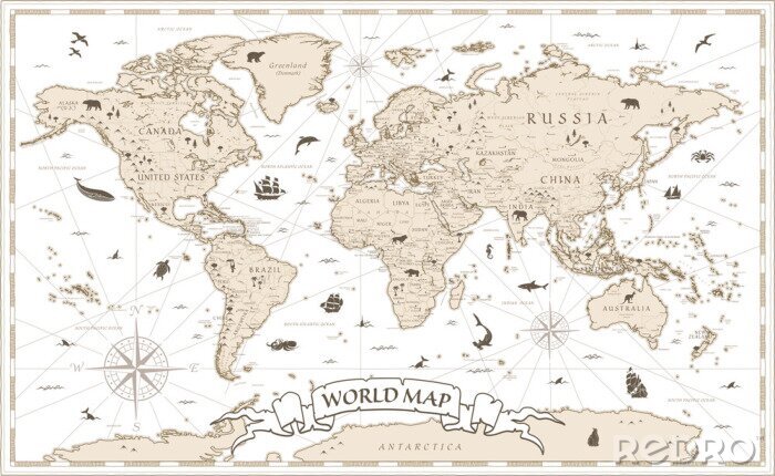 Fotobehang World Map Vintage Cartoon Detailed - vector