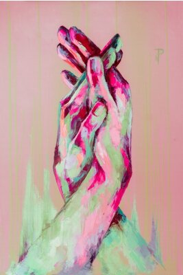 “Support” - oil painting. Conceptual abstract picture of holding hands. The background is painted with acrylic with smudges. Conceptual abstract closeup of an oil painting and palette knife on canvas.