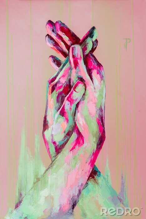 Fotobehang “Support” - oil painting. Conceptual abstract picture of holding hands. The background is painted with acrylic with smudges. Conceptual abstract closeup of an oil painting and palette knife on canvas.