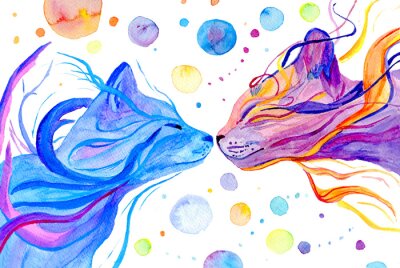 Fotobehang Watercolor multi colored cats isolated on white background. Hand painted illustration.  