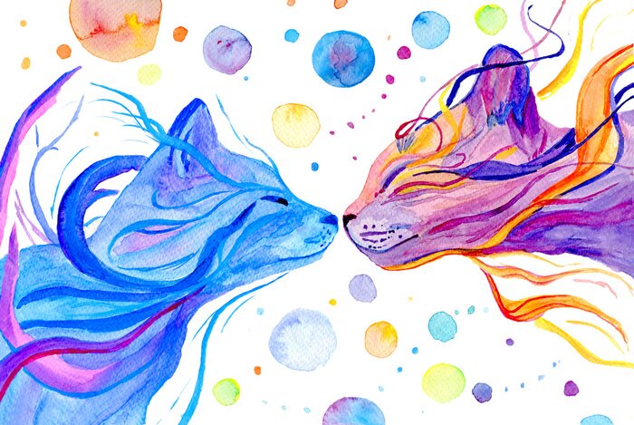 Fotobehang Watercolor multi colored cats isolated on white background. Hand painted illustration.  