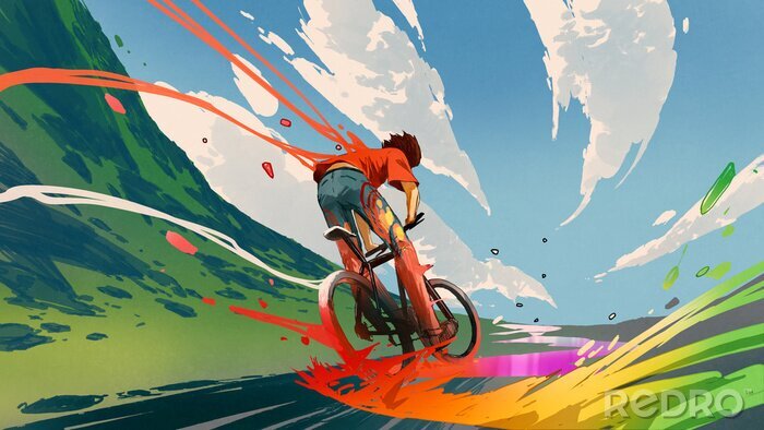 Fotobehang young man riding a bicycle with a colorful energy, digital art style, illustration painting