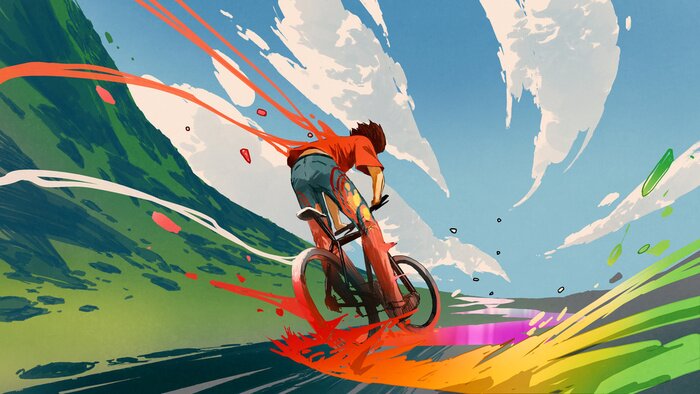 Fotobehang Young man riding a bicycle with a colorful energy, digital art style, illustration painting
