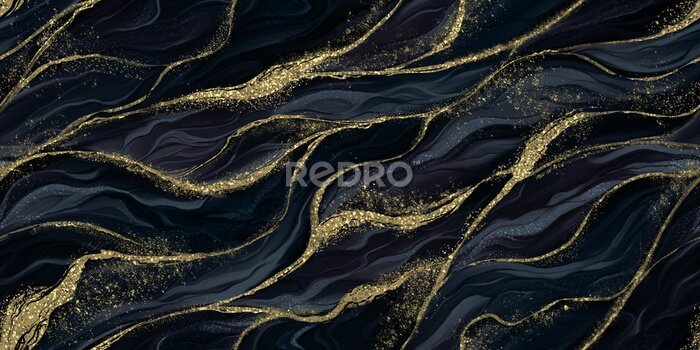 Fotobehang Zachte gouden lijnen op een zwarte en marineblauwe achtergrond