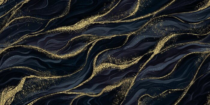 Fotobehang Zachte gouden lijnen op een zwarte en marineblauwe achtergrond