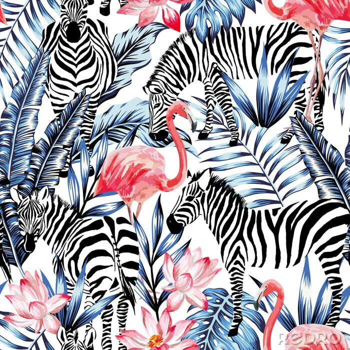 Fotobehang Zebra's en flamingo's tussen tropische vegetatie